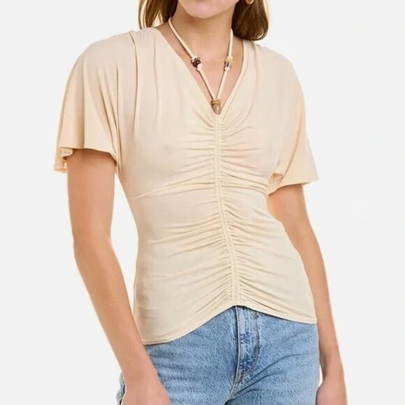 ALC Top Ruched Short Sleeve Beaded Detail Cream Retro Small - Picture 2 of 14